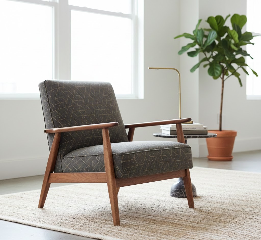 Restored vintage armchair with reupholstered fabric